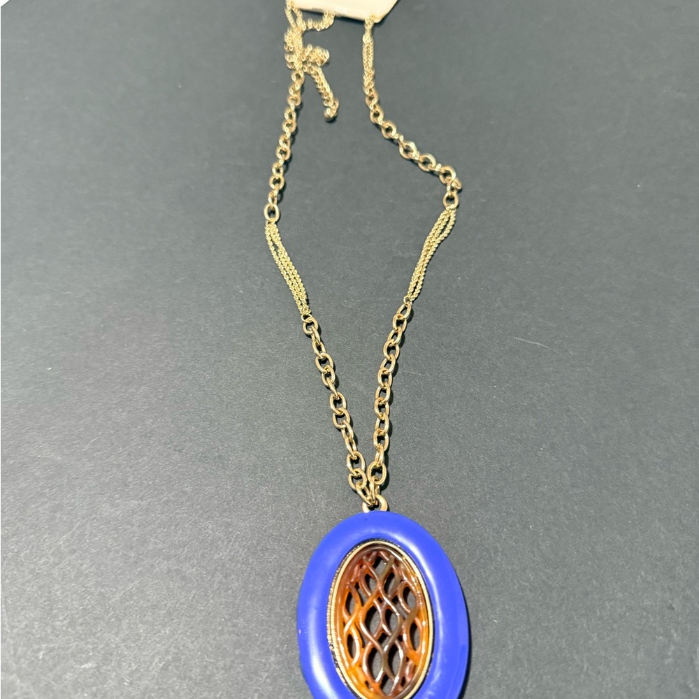 Isis Blue and Gold Oval Pendant Necklace